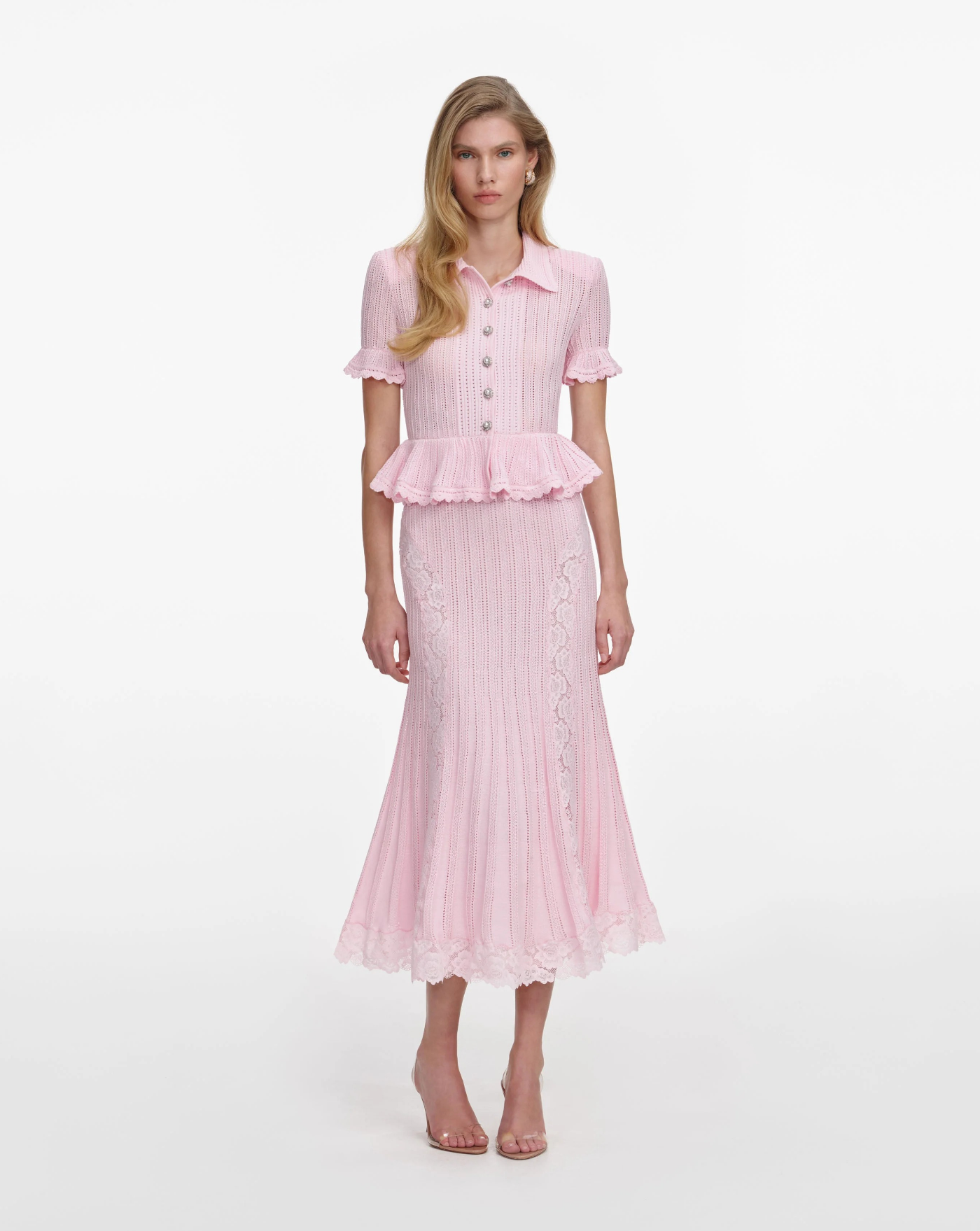 Vestido Self Portrait Pink Pointelle Peplum Knit Midi Dress SS26049MP PINK SELF-PORTRAIT