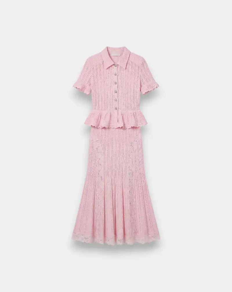 Vestido Self Portrait Pink Pointelle Peplum Knit Midi Dress SS26049MP PINK SELF-PORTRAIT