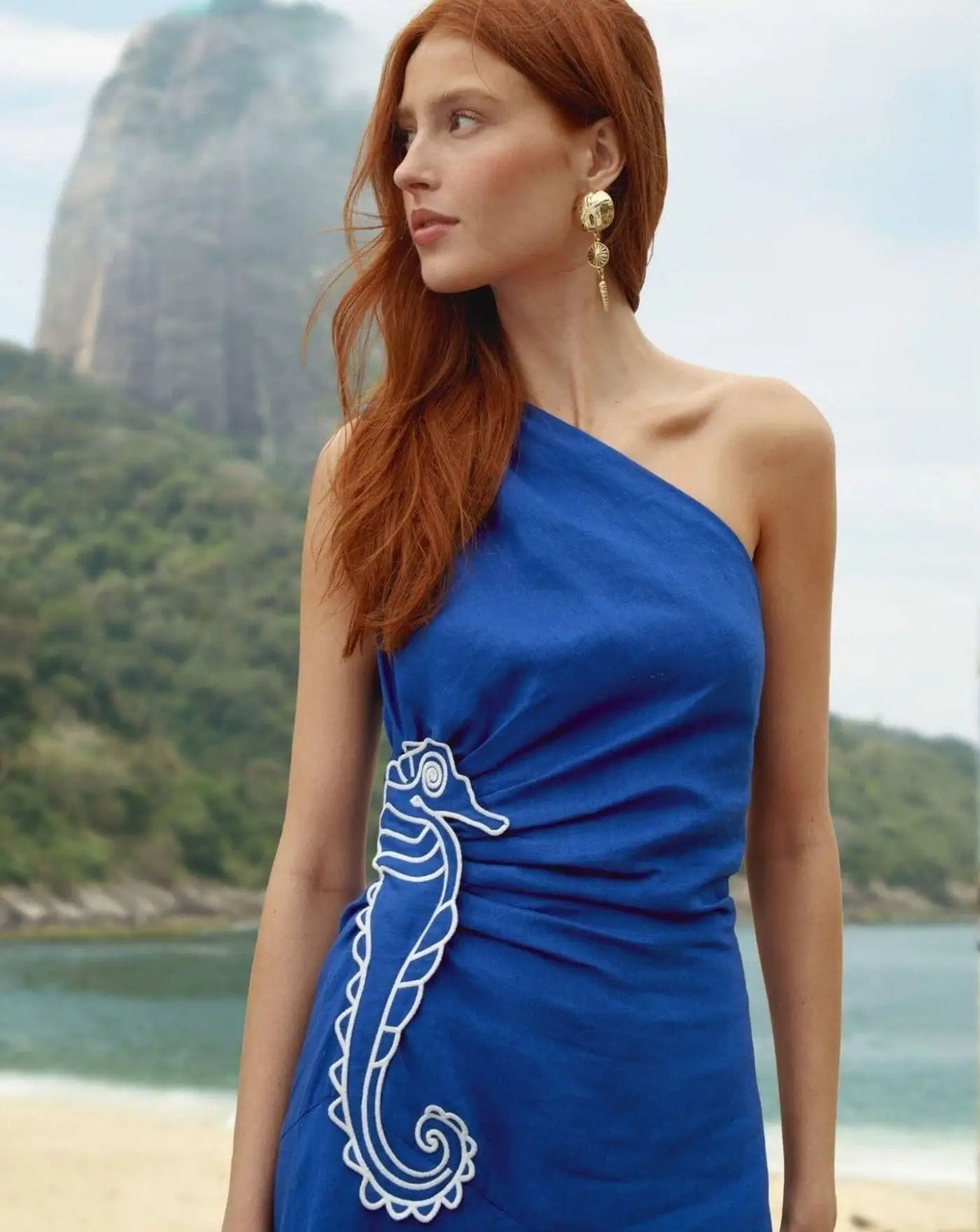Vestido Farm Rio Seahorse Blue Embroider One Shoulder 356490 BLUE FARM RIO