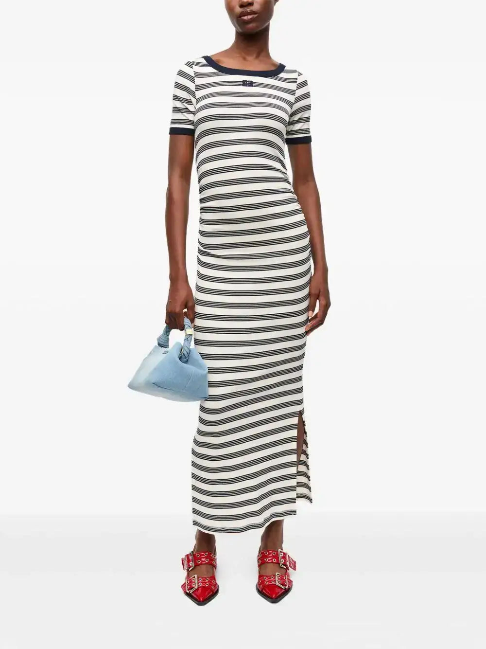 Vestido Ganni Striped Soft Cotton Rib Short Sleeve Dress T4147 683 GANNI