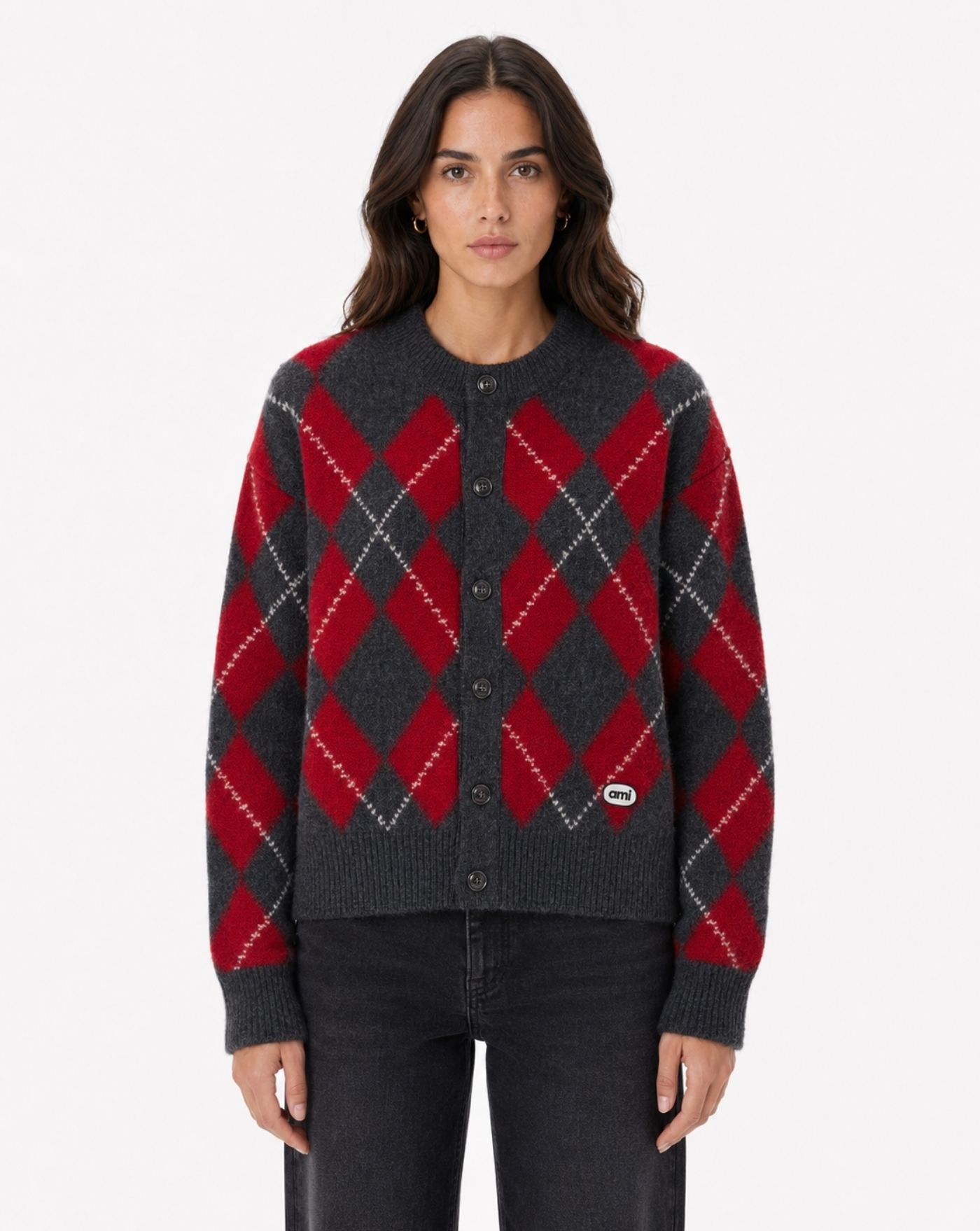 Chaqueta Ami Paris Crewneck Cardigan FKC400KN0202 A353 CARBON GREY/RUBY AMI PARIS 