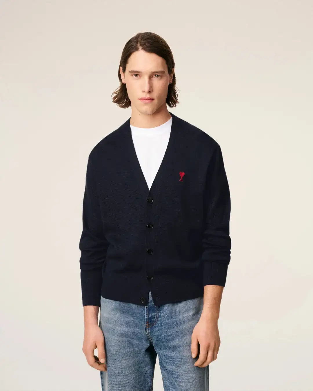 Jersey Ami Paris V Neck Cardigan with Ami de Coeur HKC361 001 414 NAVY/RED AMI PARIS 