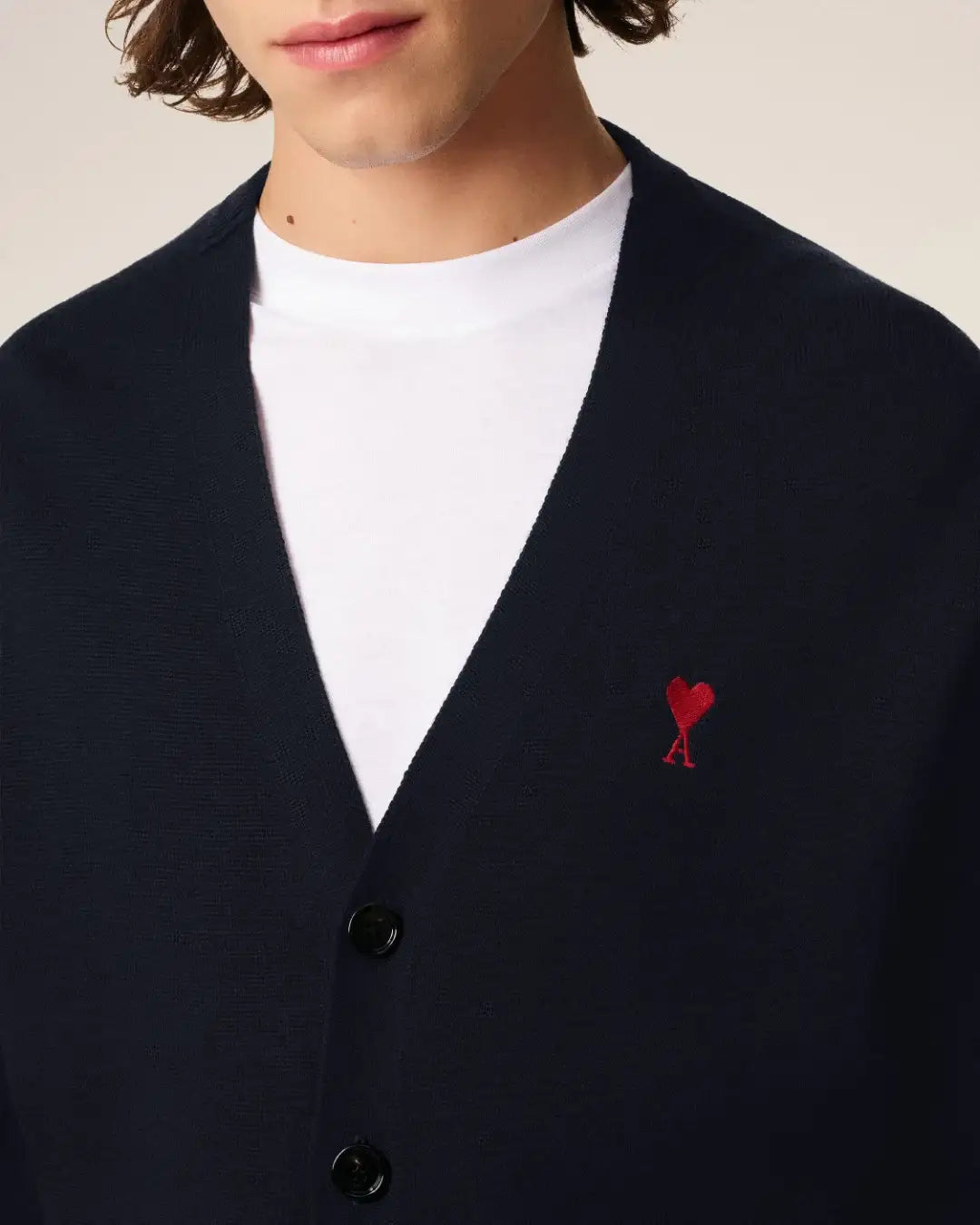 Jersey Ami Paris V Neck Cardigan with Ami de Coeur HKC361 001 414 NAVY/RED AMI PARIS 