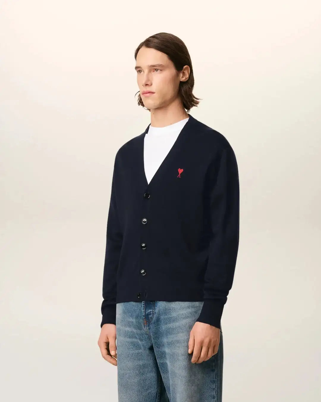 Jersey Ami Paris V Neck Cardigan with Ami de Coeur HKC361 001 414 NAVY/RED AMI PARIS 