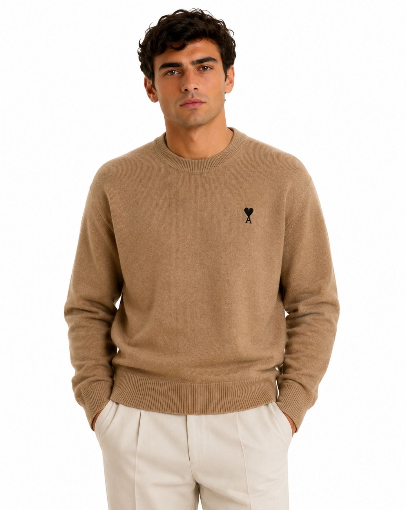 Jersey Ami Paris Quota Crewneck Sweater with Ami de Coeur HKS826 001 A335 HEATHER CAMEL/BLACK AMI PARIS 