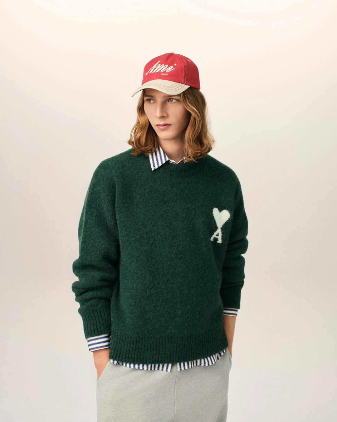 Jersey Ami Paris Quota Crewneck Sweater with Ami de Coeur UKS836 KN0135 A279 BOTTLE GREEN/OFF WHITE AMI PARIS 
