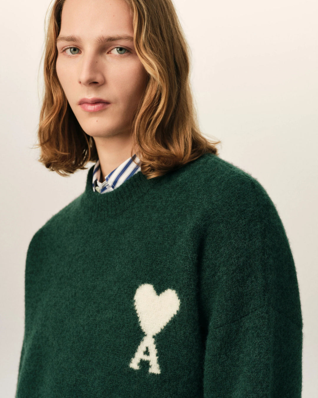Jersey Ami Paris Quota Crewneck Sweater with Ami de Coeur UKS836 KN0135 A279 BOTTLE GREEN/OFF WHITE AMI PARIS 