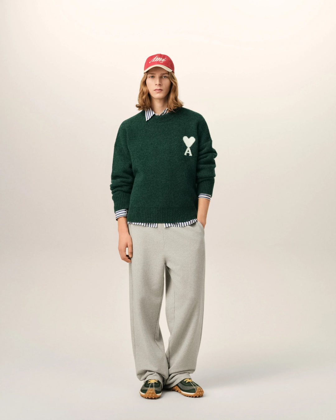 Jersey Ami Paris Quota Crewneck Sweater with Ami de Coeur UKS836 KN0135 A279 BOTTLE GREEN/OFF WHITE AMI PARIS 