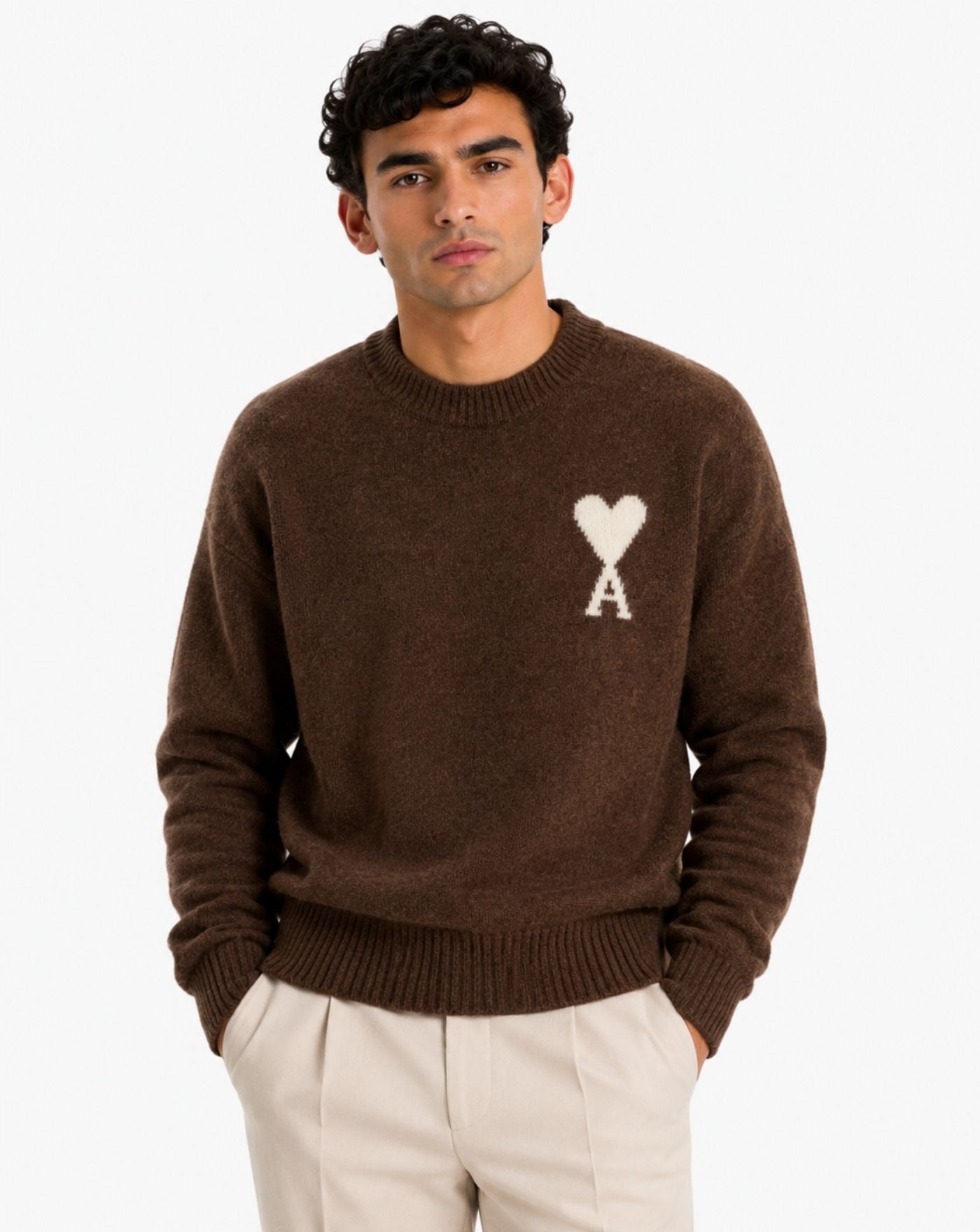 Jersey Ami Paris Quota Crewneck Sweater with Ami de Coeur UKS836 KN0135 A362 CHOCOLATE BROWN/OFF WHITE AMI PARIS 