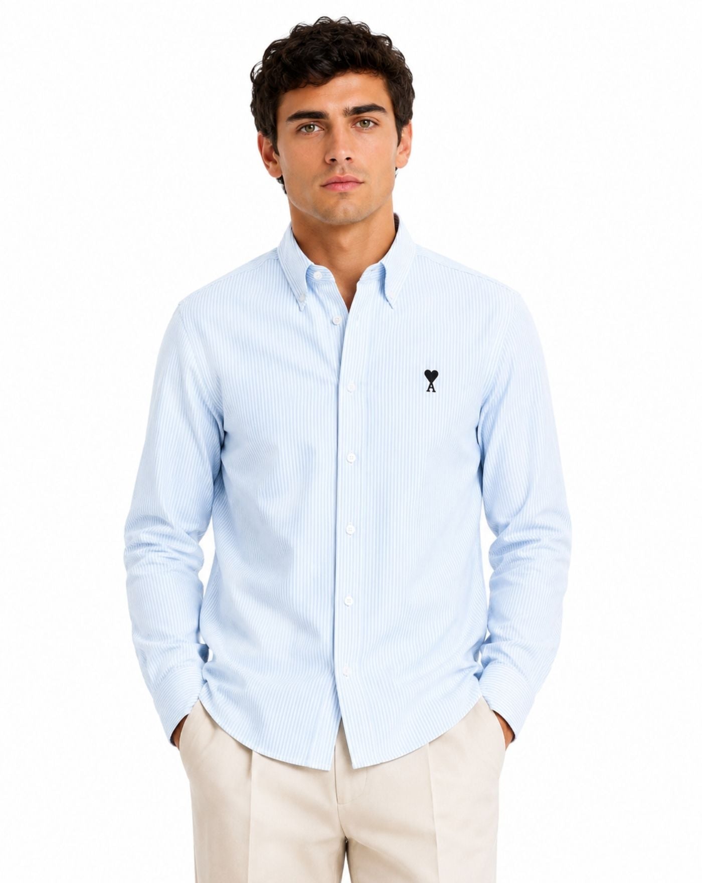 Camisa Ami Paris Quota Contrasted Ami de Coeur Button Down Collar Classic Fit USH878 CO0087 450 SKY BLUE/NATURAL WHITE AMI PARIS 