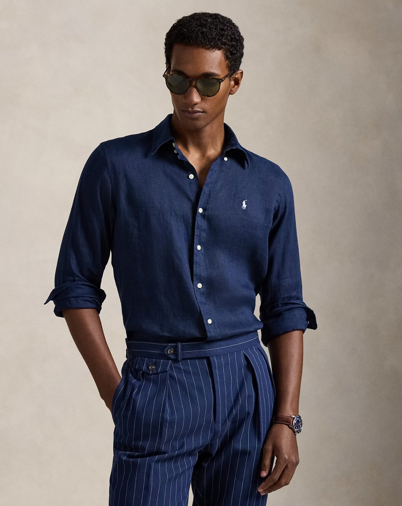 Camisa Polo Ralph Lauren Linen 710966294504 NEWPORT NAVY W/ WHITE PP POLO RALPH LAUREN 