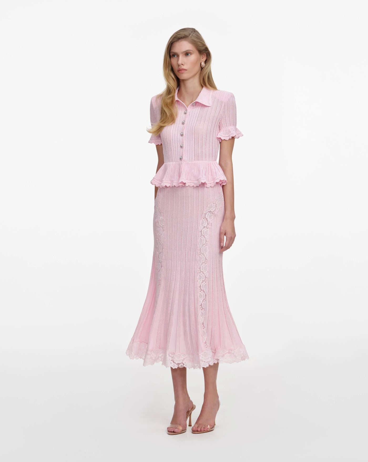 Vestido Self Portrait Pink Pointelle Peplum Knit Midi Dress SS26049MP PINK SELF-PORTRAIT 