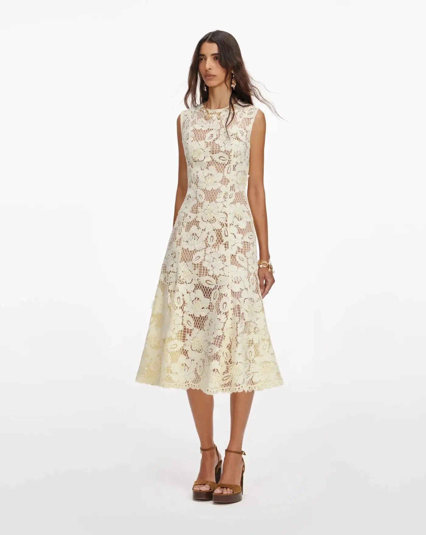 Vestido Self Portrait Yellow Crochet Lace Midi Dress SS26094MY YELLOW SELF-PORTRAIT 