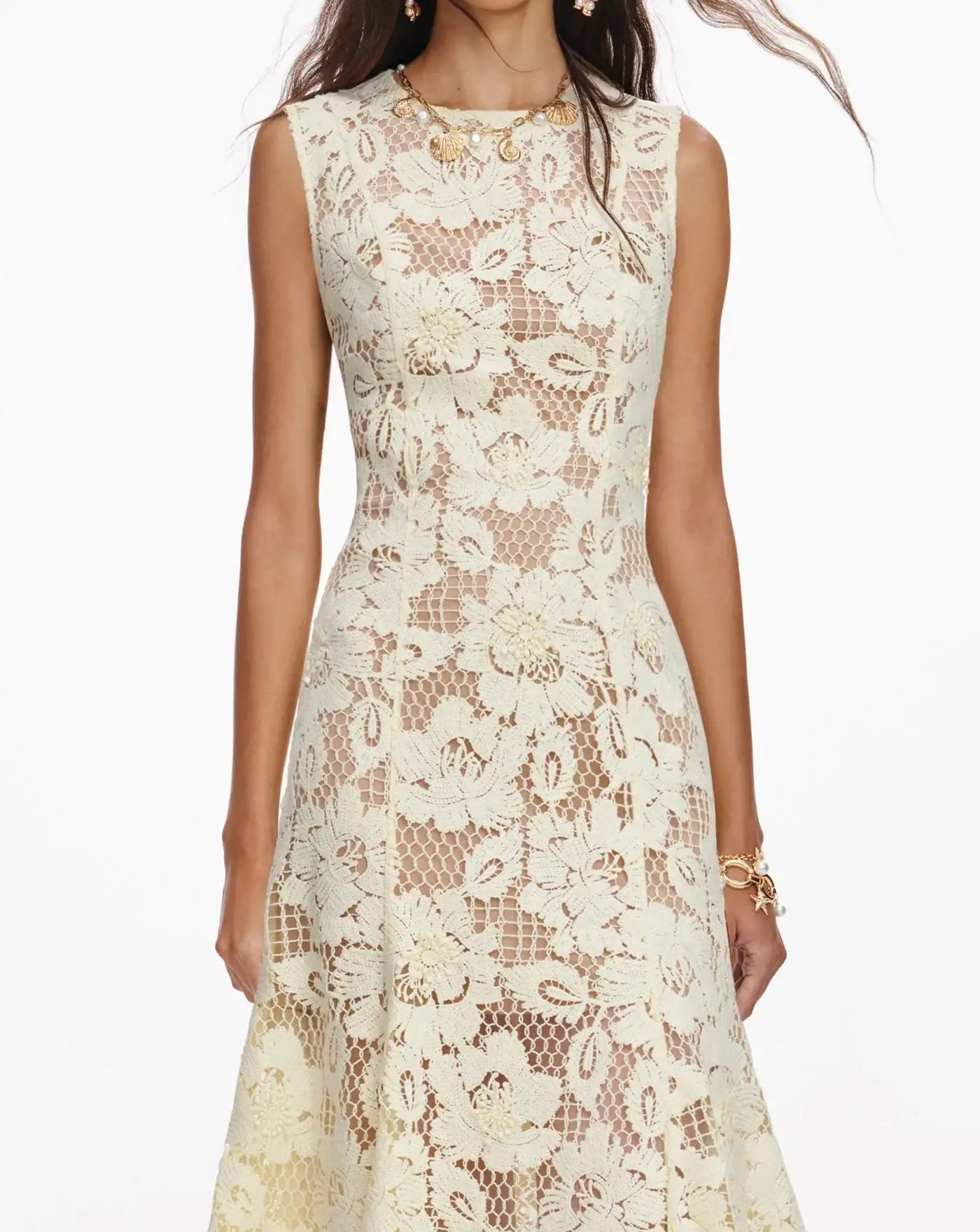 Vestido Self Portrait Yellow Crochet Lace Midi Dress SS26094MY YELLOW SELF-PORTRAIT 