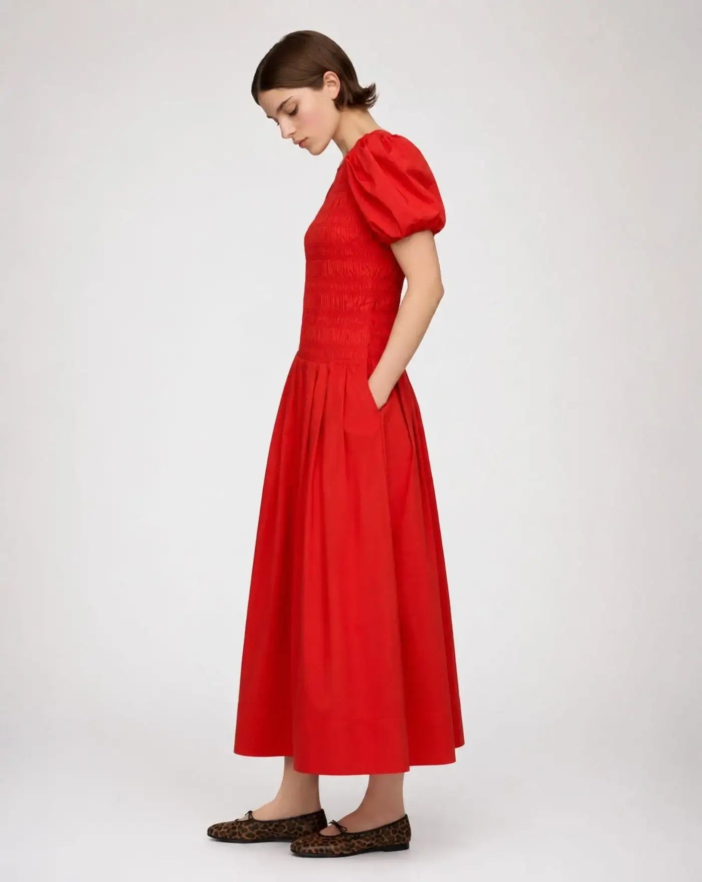 Vestido Ganni Stretch Cotton Long Smocked Pleated Dress A1030546 06P GANNI 