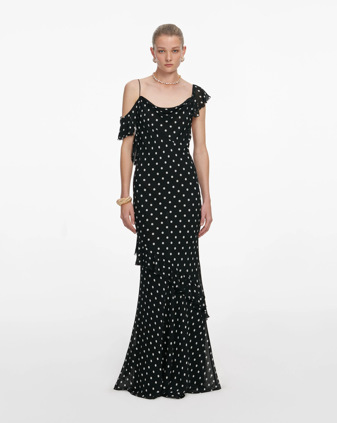 Vestido Self Portrait Black Polka Dot Georgette Maxi Dress SS26176XB BLACK SELF-PORTRAIT 
