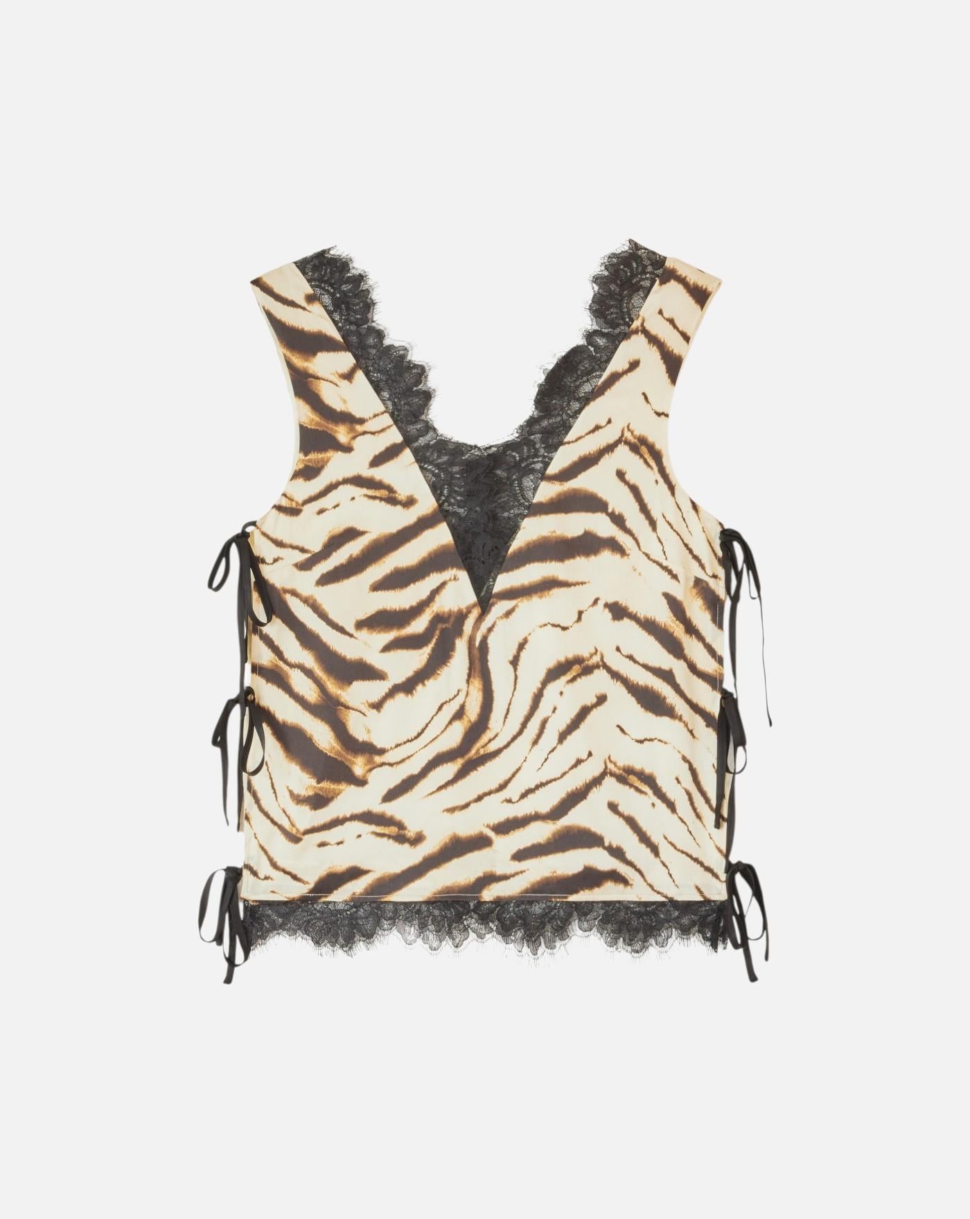 Top Ganni Printed Stretch Satin V-neck Lace Slip Top<BR/> A1040399 135 GANNI 