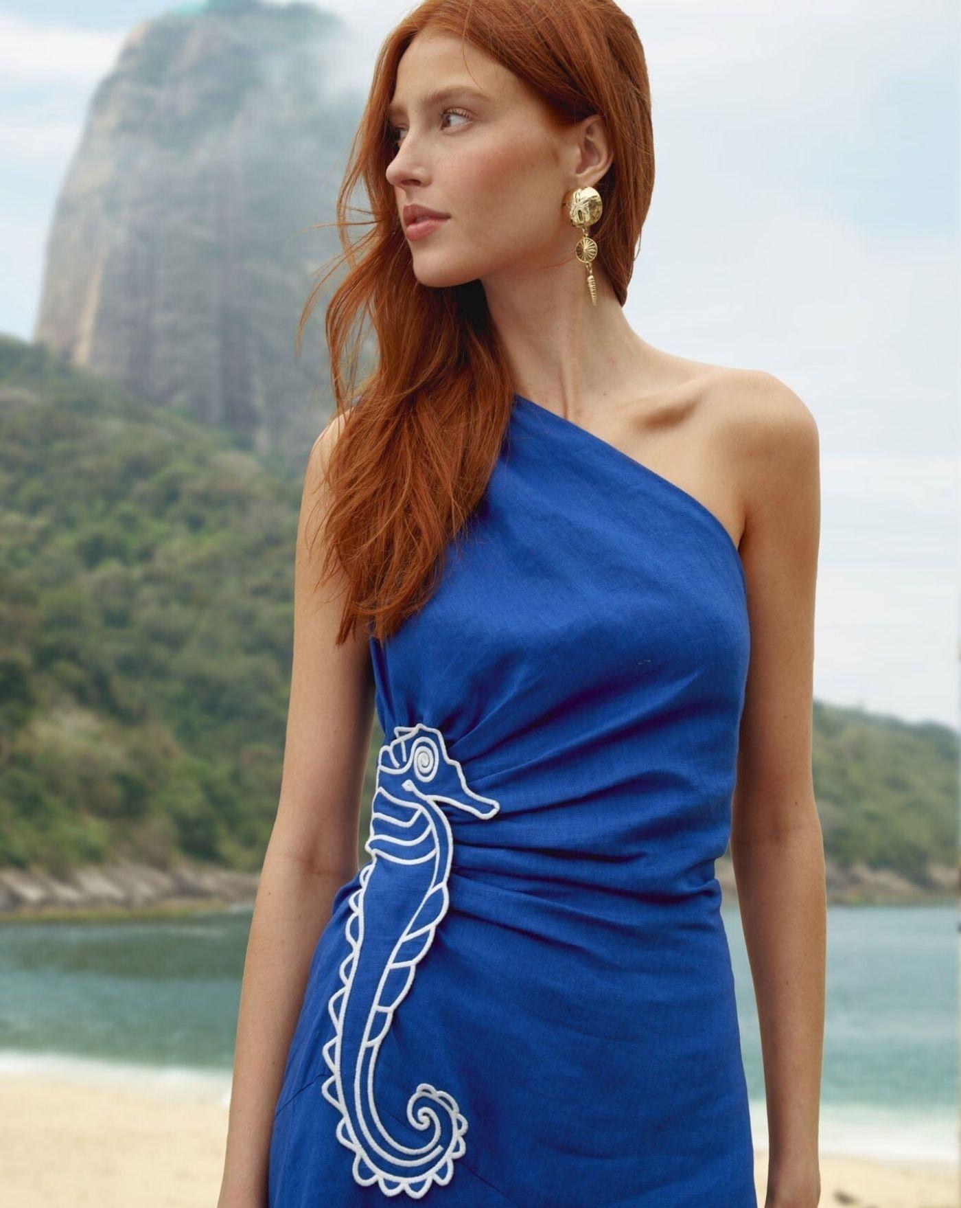 Vestido Farm Rio Seahorse Blue Embroider One Shoulder 356490 BLUE FARM RIO 